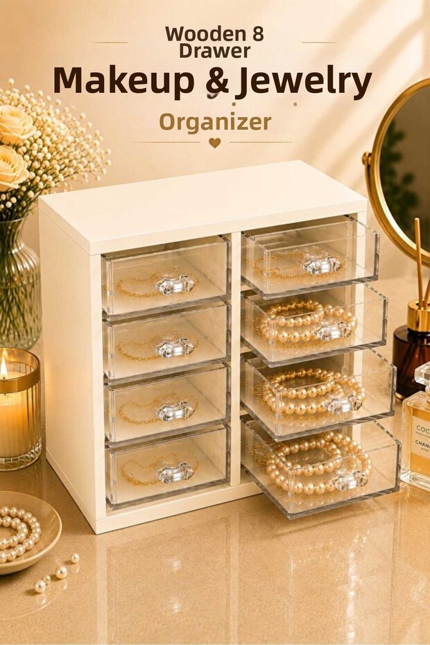 8-Drawer Wooden Transparent Jewelry and Makeup Organizer Multi-Purpose Desktop Organizer