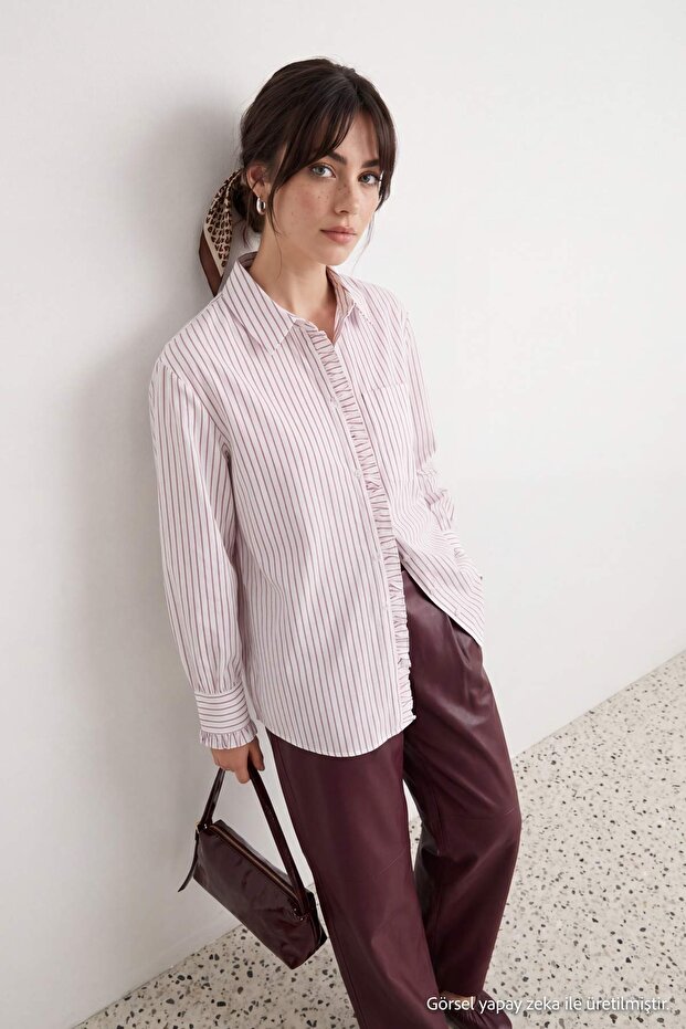 Sarı Çizgili Oversize Poplin Çizgili Dokuma Gömlek TCTAW27TG00006