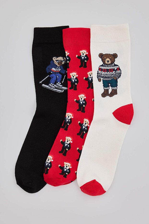 Red-Ecru-Black Unisex Christmas Themed Teddy Bear Patterned 3-Pack Socks Tmnaw27Co00022