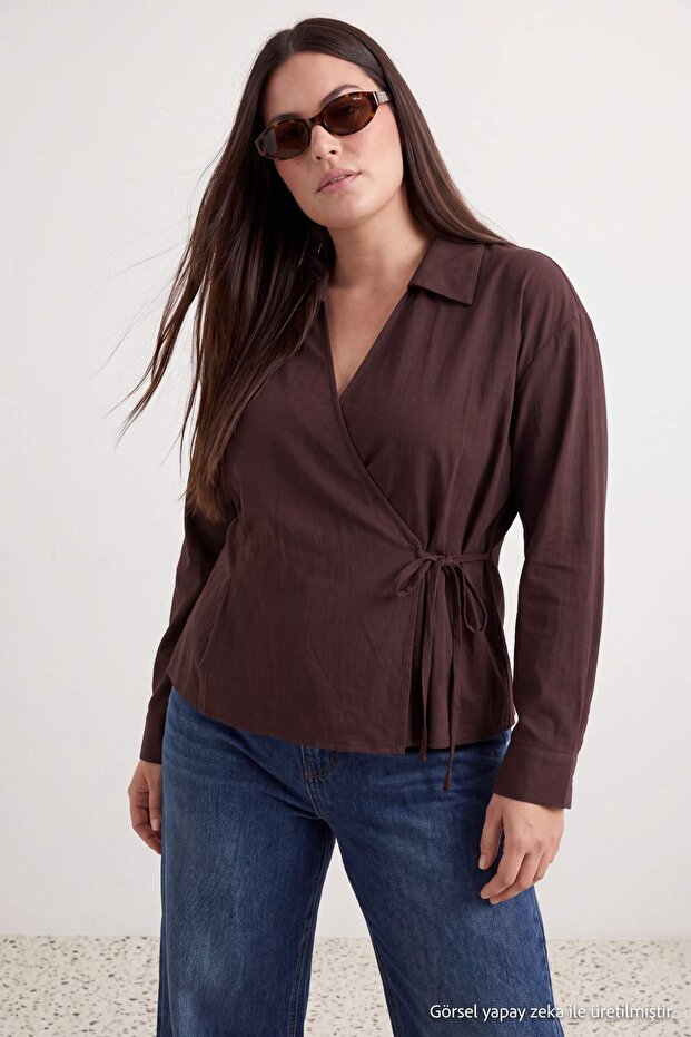 Brown Lacing Detailed Woven Oversized Shirt Tbbaw27Ax00003