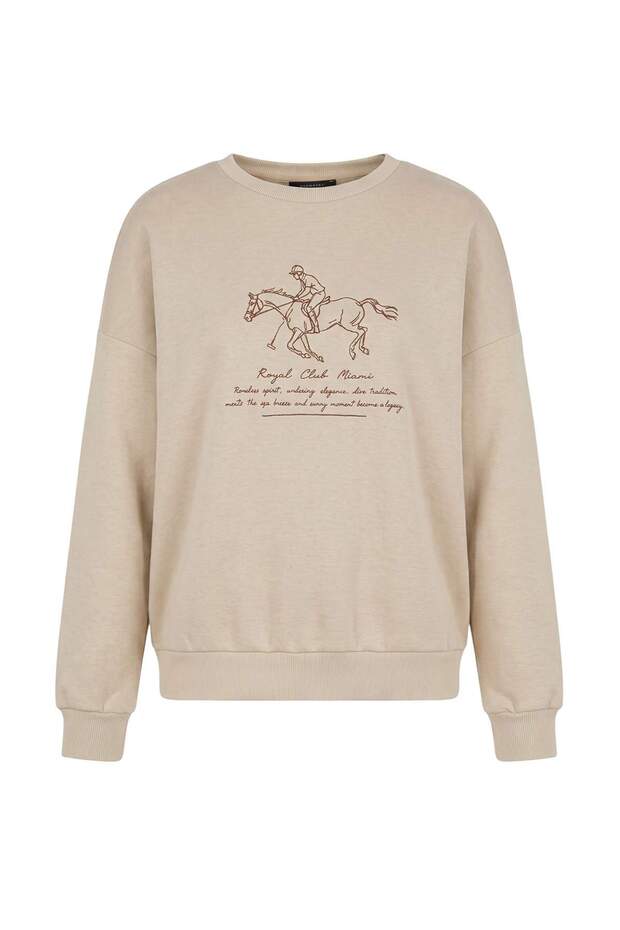 Taş At Nakışlı Kalın İçi Polarlı Oversize/Geniş Kesim Örme Sweatshirt TWOAW27SW00188