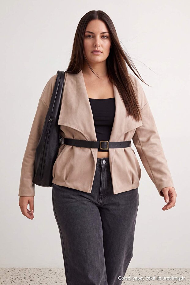 Mink Oversize Patterned Belted Suede Bomber Jacket Coat Plus Size Coat Twoaw27Aw00028