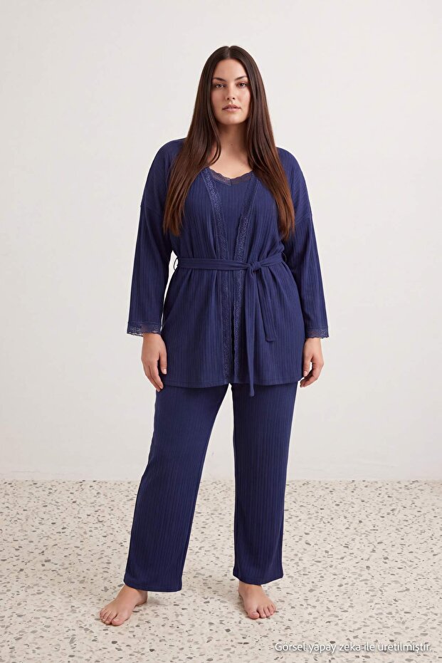 Navy Blue 3-Piece Set %100 Cotton Large Size Knitted Pajamas Set Tbbaw27Ai00046