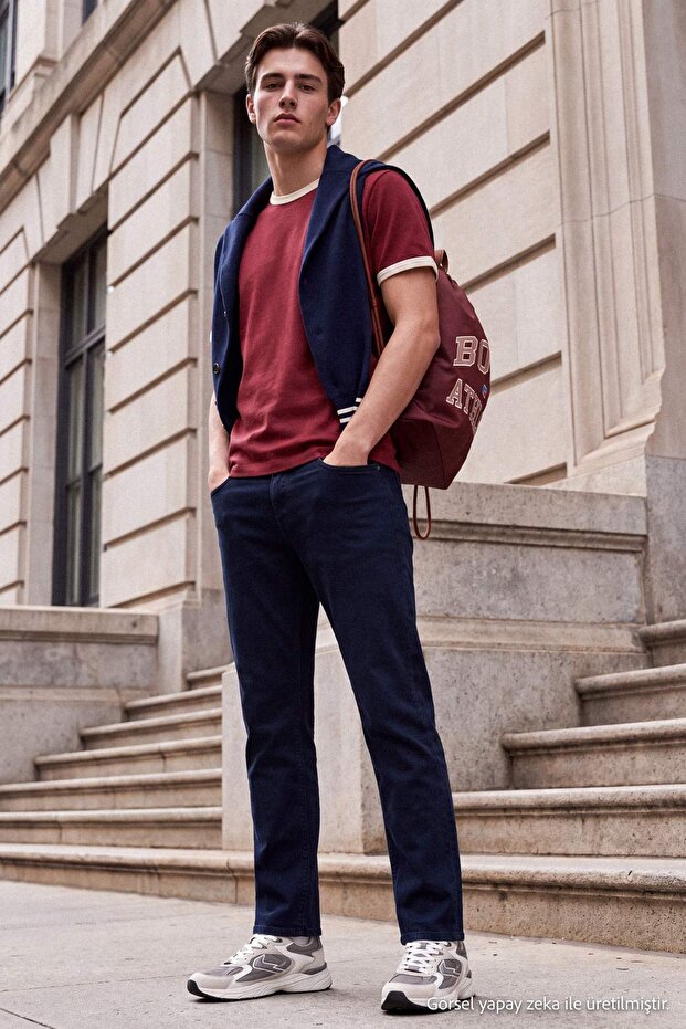 Lacivert Regular Fit Esnek Kumaş Normal Bel Erkek Parça Boya Denim Dokuma Pantolon TMNAW27PL00007