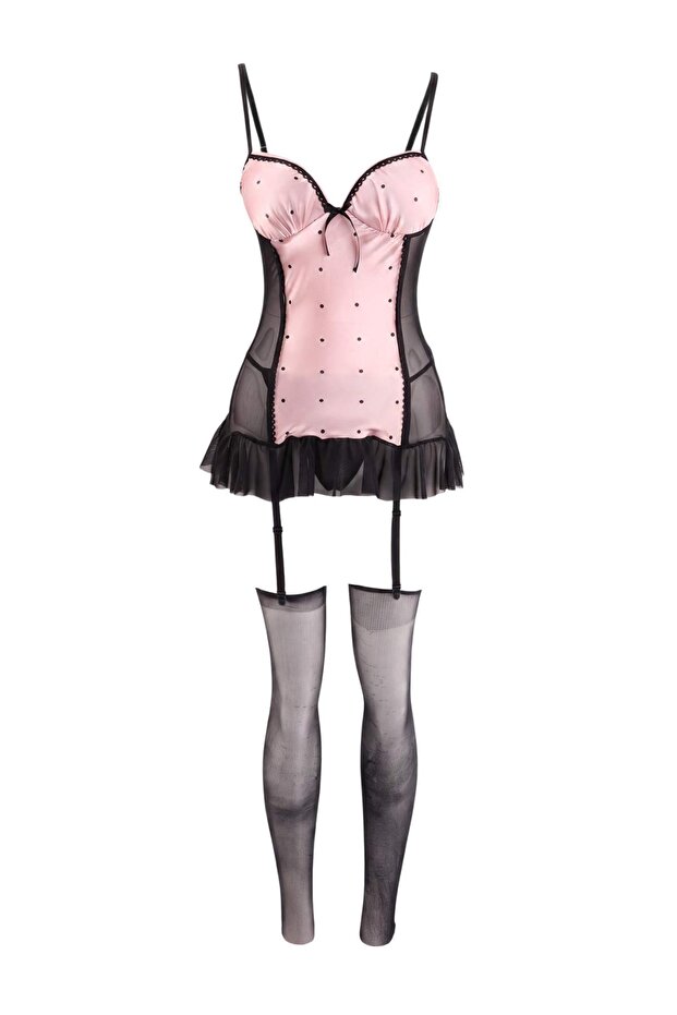 Pembe 3'lü Puantiyeli Jartiyer Detaylı Saten Külotlu ve Çoraplı Fantezi Gecelik/Babydoll THMAW27LL00027