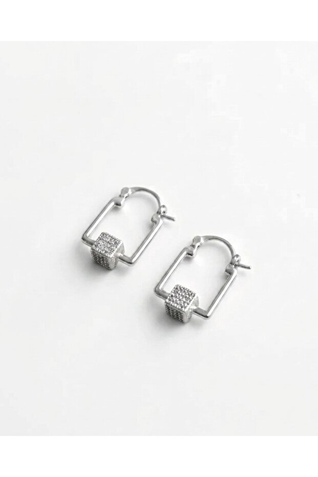 Special Series Zircon Stone Cube Detailed Rectangular Steel Earrings - 1.7 cm