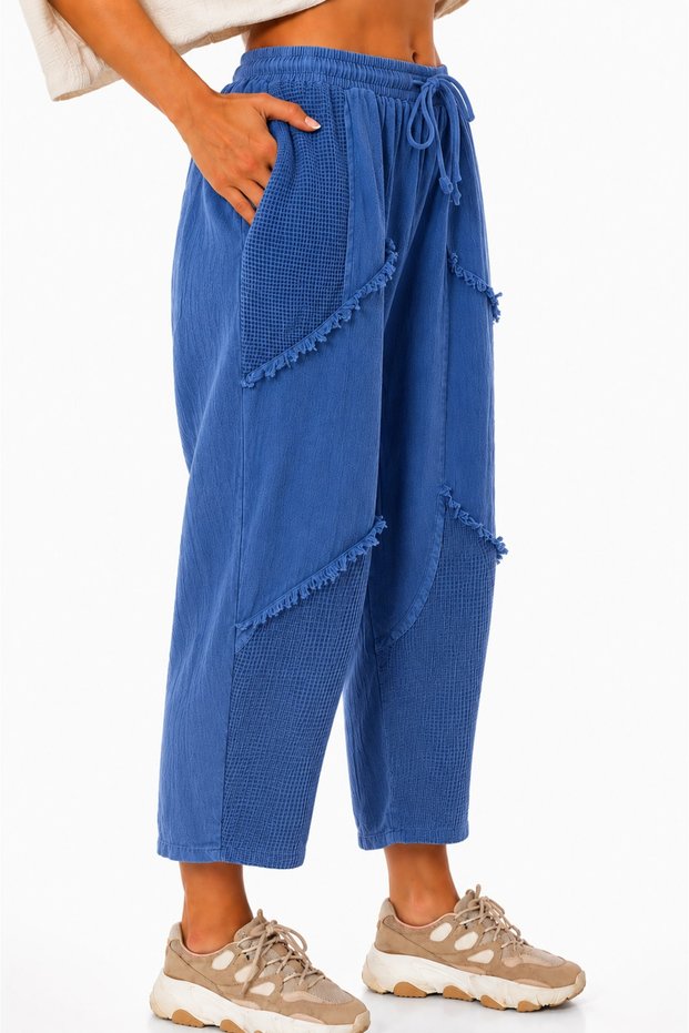 Women's Blue Linen Pocket Washed Bohemian Pinterest Loose Wide Leg Pants