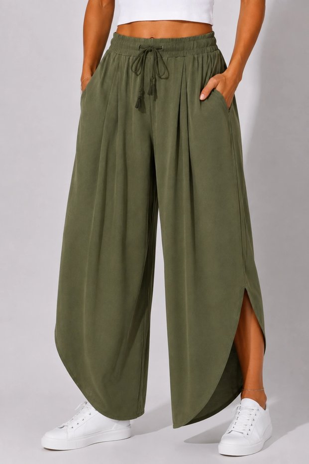 Women's Khaki Linen Slit Double Breasted Bohemian Pinterest Wide Leg Skirt Trousers