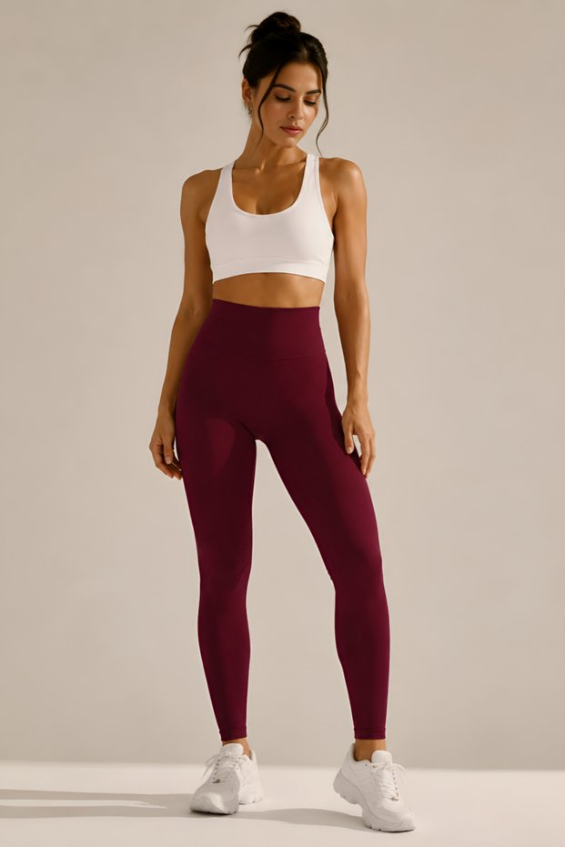 High Waist Flexible Sports-Casual Women's Leggings with a Gathering Effect, Burgundy Color