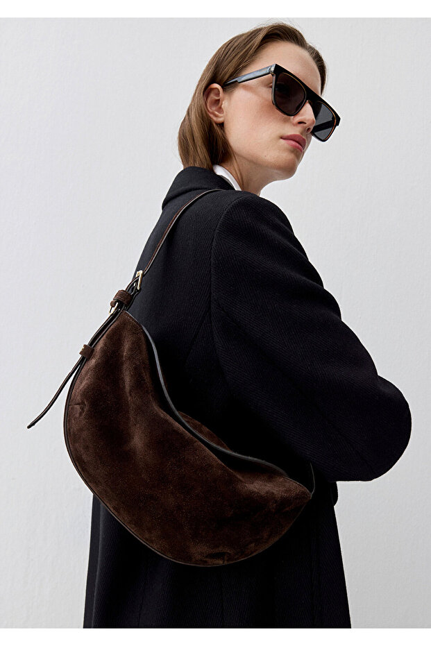 Suede Leather Dark Brown Shoulder Bag 1913695-29718