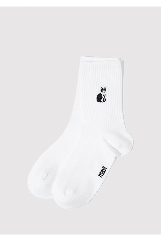 Cat Embroidered White Socks 1913433-620