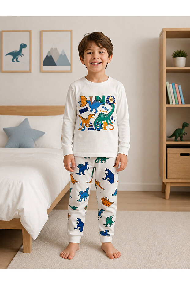 Boys' 100% Cotton White Dinosaurs Patterned Long Sleeve Winter Pajama Set