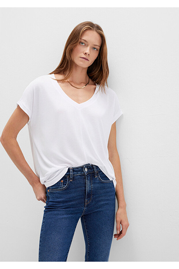 V-Neck White Basic Viscose T-Shirt Regular Fit 166449 -620