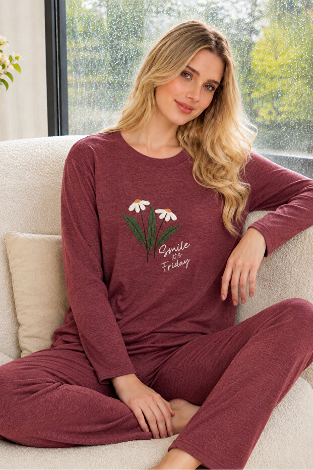 Burgundy Daisy Patterned Cashmere Pajama Set