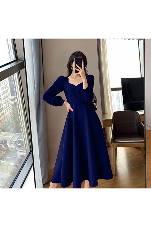 Midi Length Collar Detail Long Sleeve Dress
