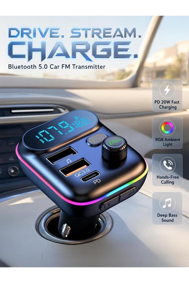 جهاز إرسال FM للسيارة بتقنية البلوتوث 5 مع مشغل MP3 بدون استخدام اليدين وشحن سريع PD 20 واط وQC 18 واط مع إضاءة LED بـ9 ألوان
