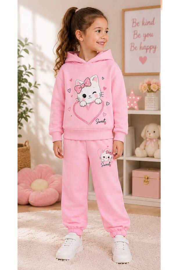Cat and Heart Printed Girls' Pink Children's Top and Bottom Set