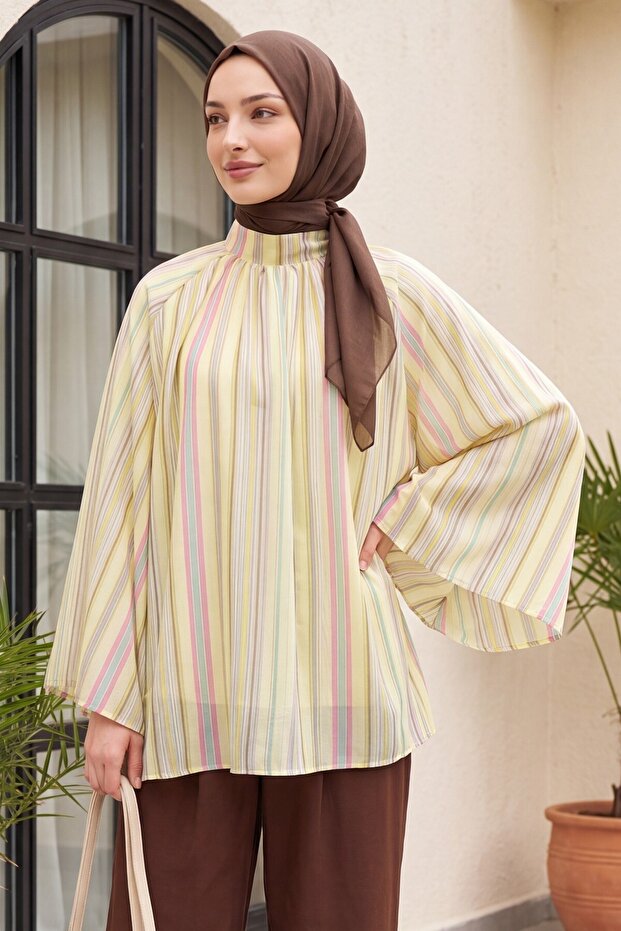 Hakim Yaka Striped Lined Oversize Thin Voile Tunic - Yellow