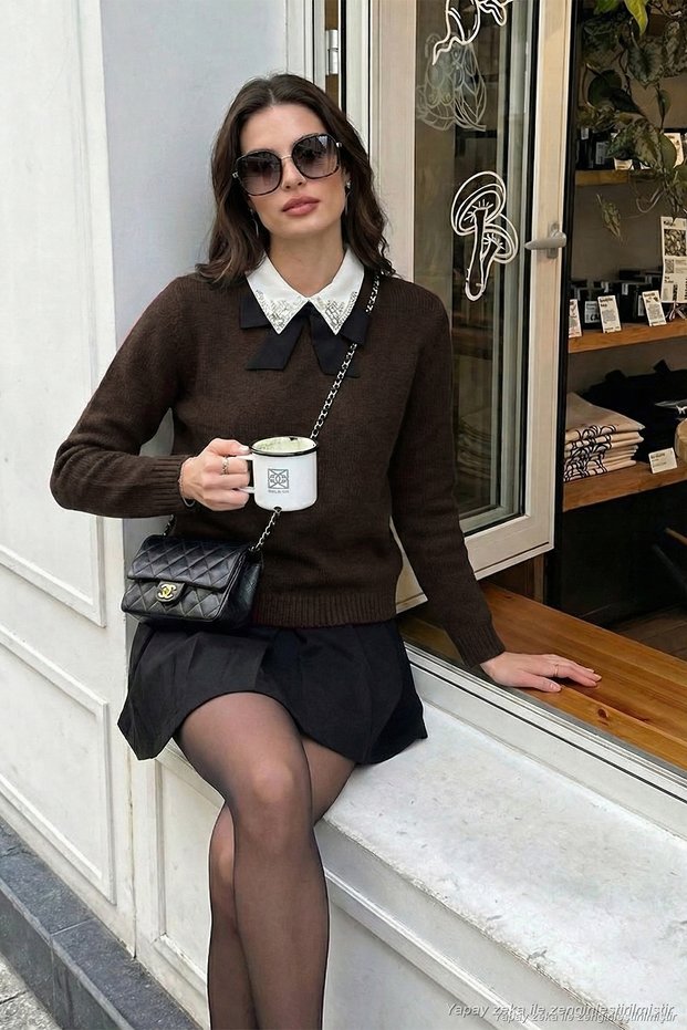 Premium Regular Fit Shirt Collar Soft Textured Bow Detail Stoned Sweater Women's Sweater 680Kz0003