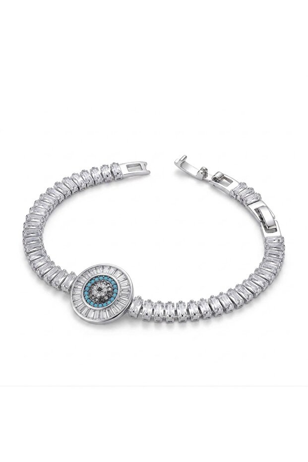 Figured Silver Evil Eye Bead - Baguette Waterway Bracelet