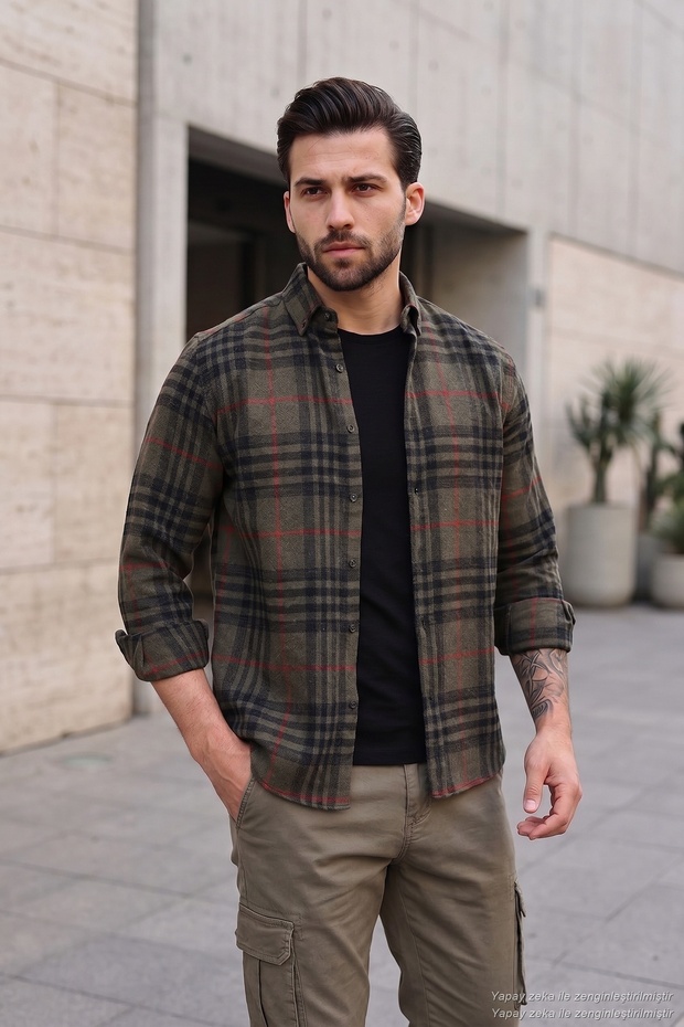Plaid Long Sleeve Slim Fit Winter Shirt Men's Shirt Cf21W112844