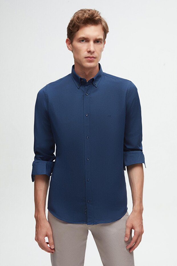 Ds Damat Slim Fit Indigo Oxford Buttoned Collar Easy-Ironing Cotton Shirt with Embroidery Detail