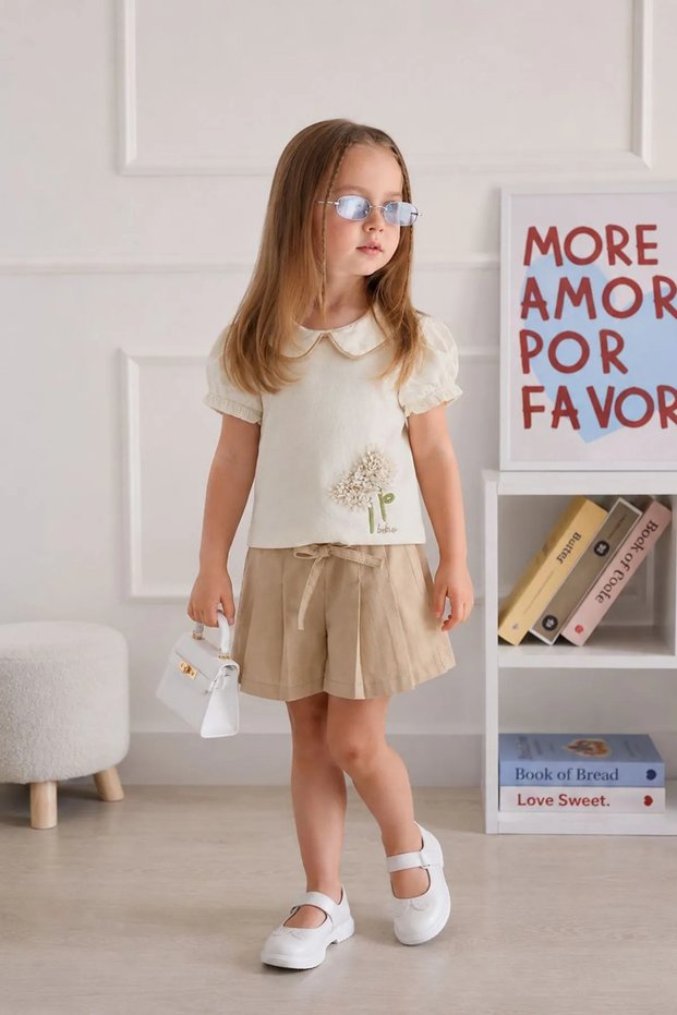 My Little Girl's Floral Appliqué Shorts and Skirt Set - Cream