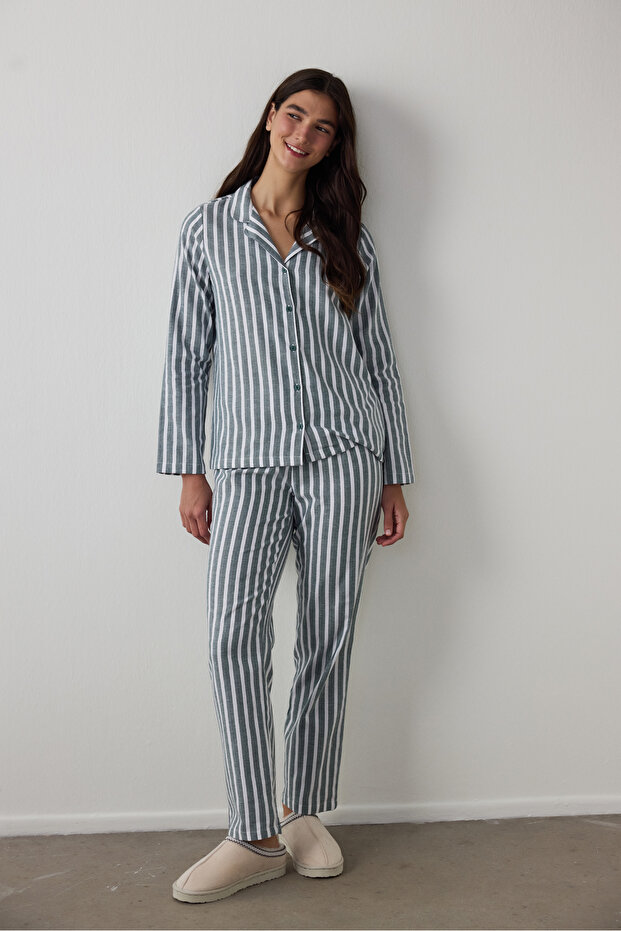 Dark Green Lazy Morning Striped Cotton Shirt Collar Pajama Set
