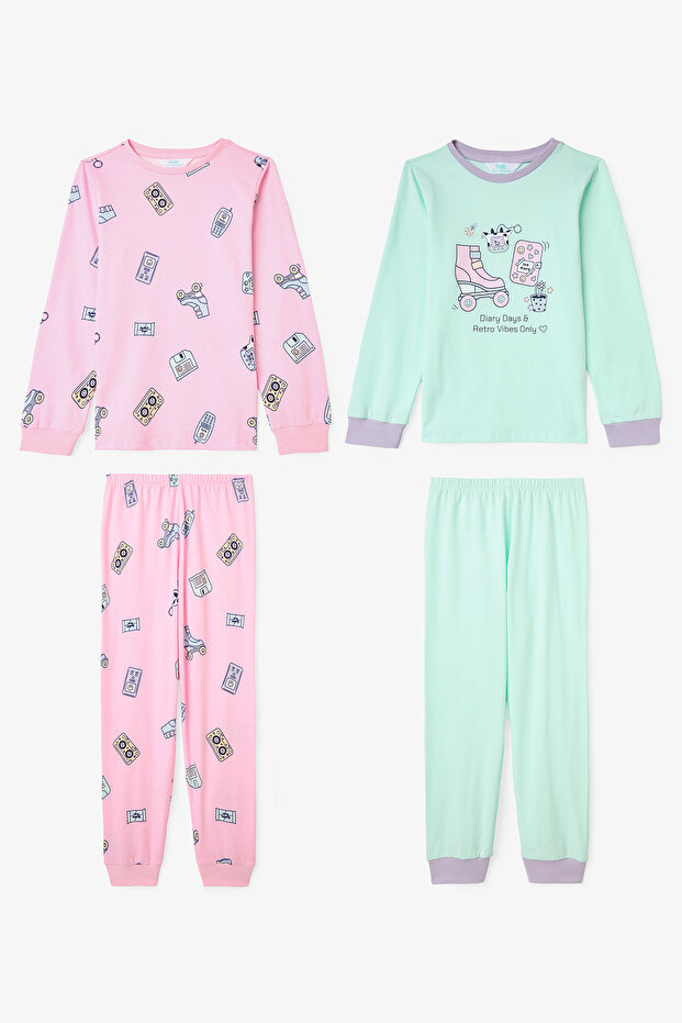 Girls' Retro Toy Pattern Cotton Long Sleeve 2-Piece Pajama Set