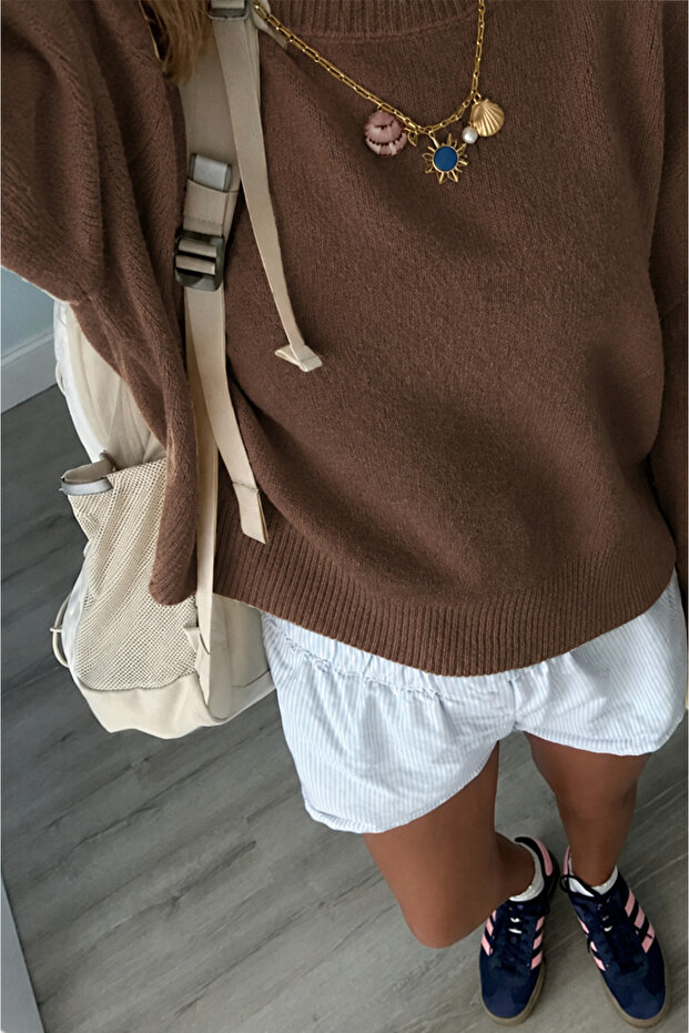 Brown Crew Neck Oversized Women's Knit Sweater