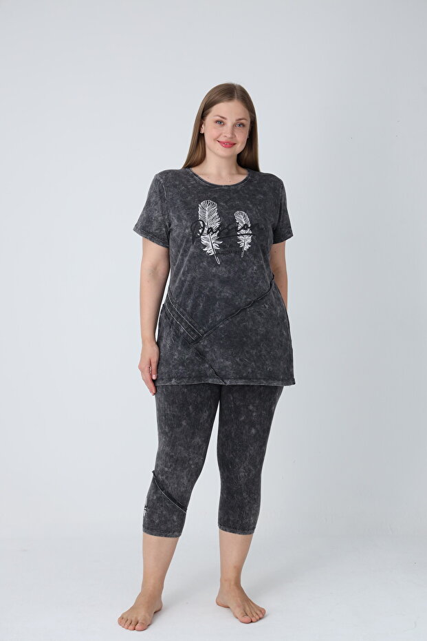 Women's Plus Size Cotton Lycra Bottom - Top Capri Set / Black 6186