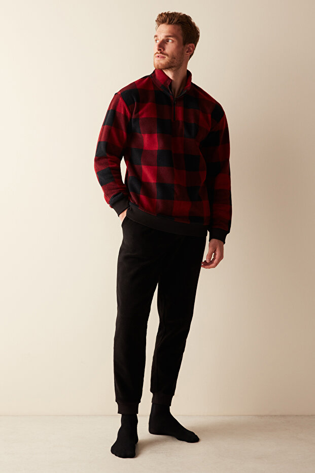 Men's Checkered Red Sweatshirt Pajama Top