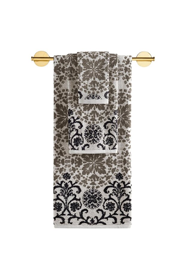 3-Piece Luxury Towel Set, 100% Cotton Jacquard Soft Absorbent Quick-Dry Bath Towel Set, Cherx, Mati̇lda Yarn Dyed 3-Piece Towel Set Stone