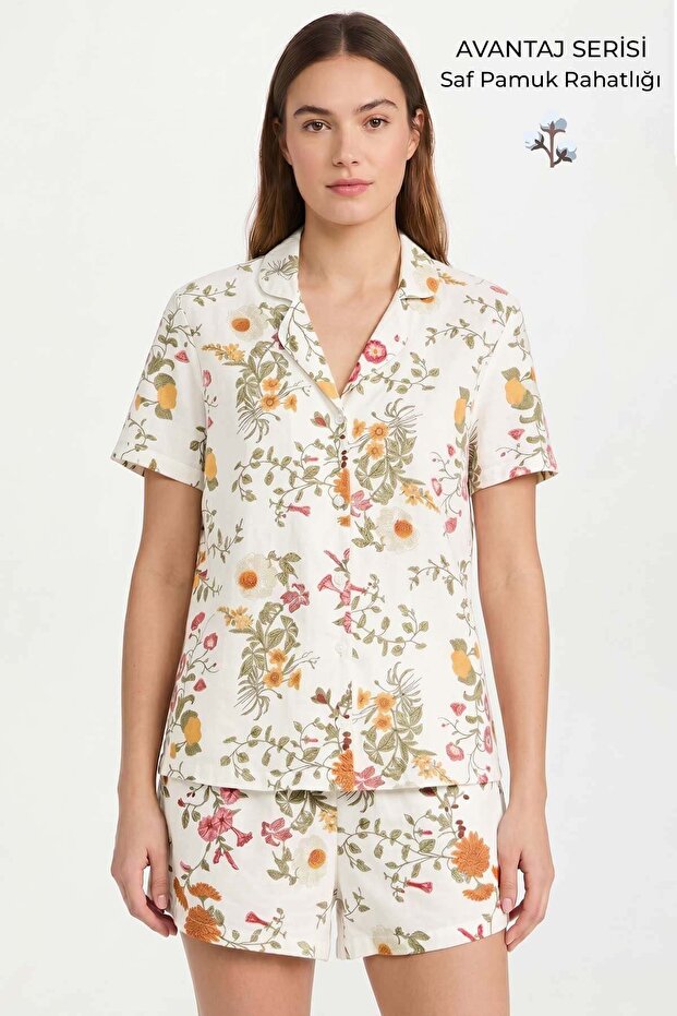 Egyptian Women's Cotton Floral Pattern Shirt Sort Set Ecru