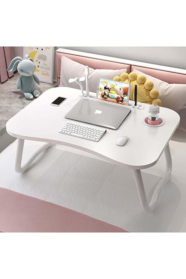 Foldable Lap Table for Bed, Laptop Stand with Cup Holder & Tablet Slot, Lift Handle
