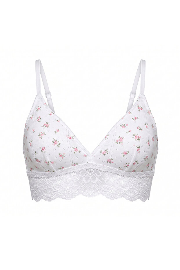 Women's Cotton Bundle, Dowry Bag and Gift, Pointel Floral Patterned Ribbed Fabric Lace Detailed Bralette
