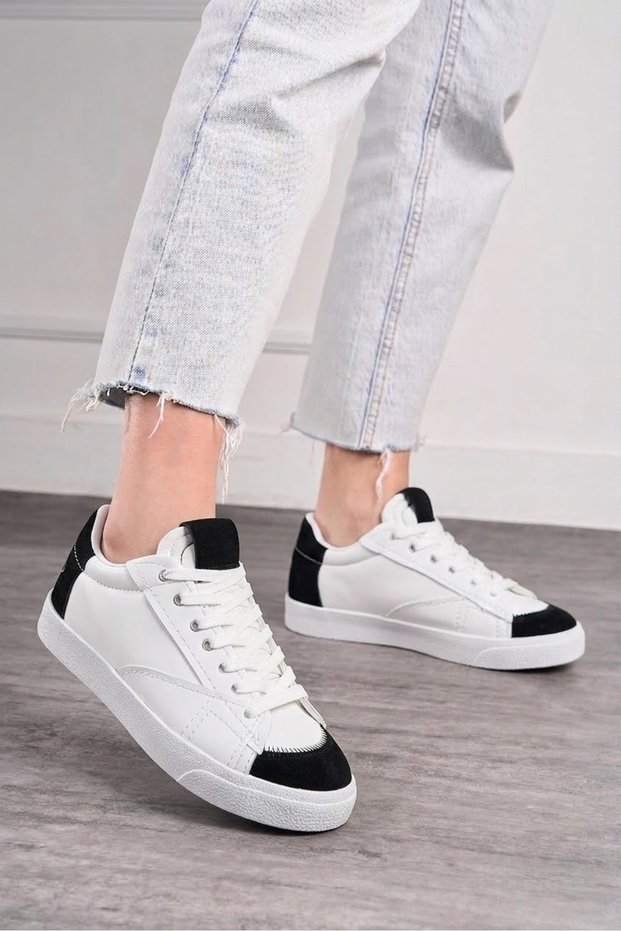 Casual White Black Women's Sneaker Lace-Up Serrated Sole Suede Detailed Walking Sports Shoes 07
