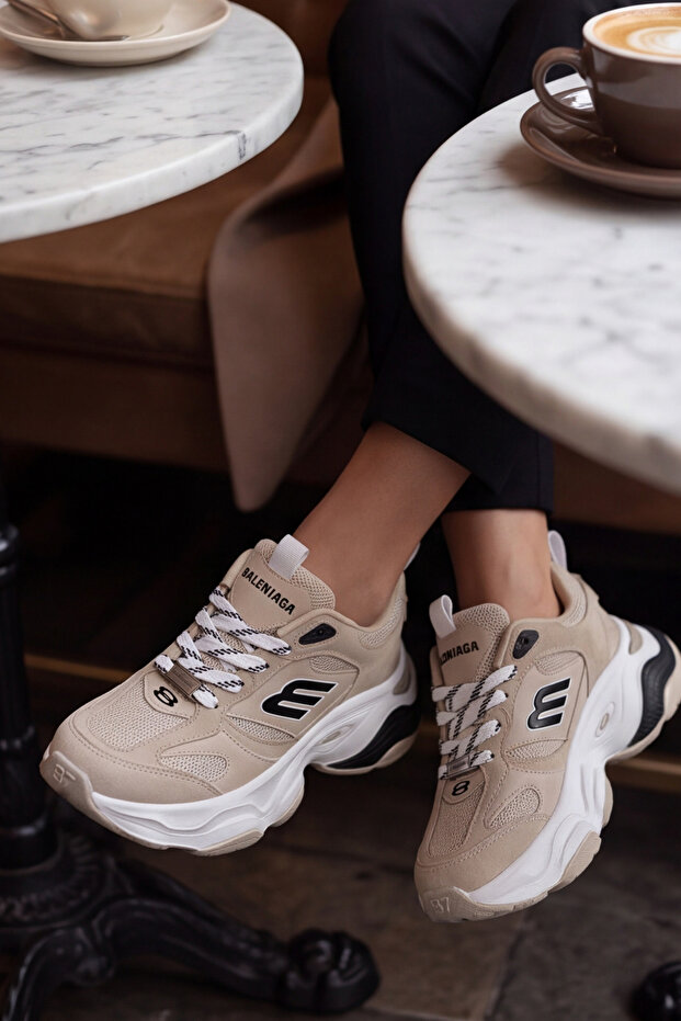 Urban Motion Black and White Thick Sole Beige Color Sneaker