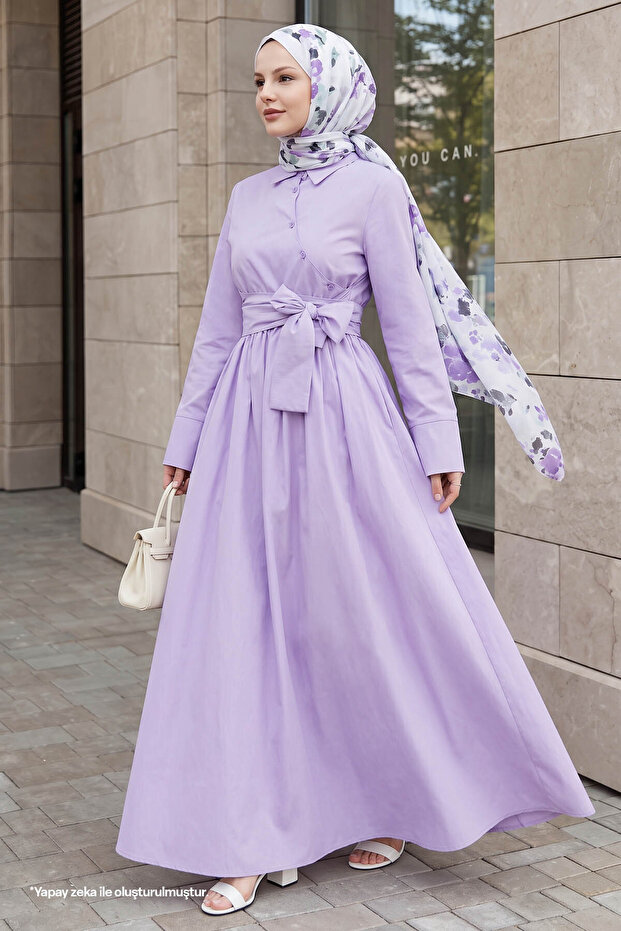 Asymmetric Button Detailed Lilac Dress