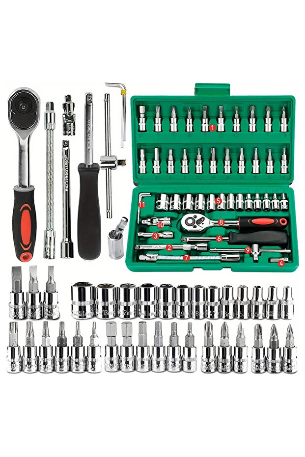 46PC 46pc Drive Socket Set 1/4 inch Ratchet Wrench Set with Sockets Metric Hex Bit Socket Set Mechan