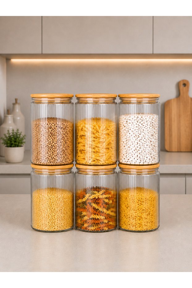 Set of 6 Labeled Glass Jars – Large Bamboo Vacuum Lid Striped Food Flour Legume Storage Container 1.5L