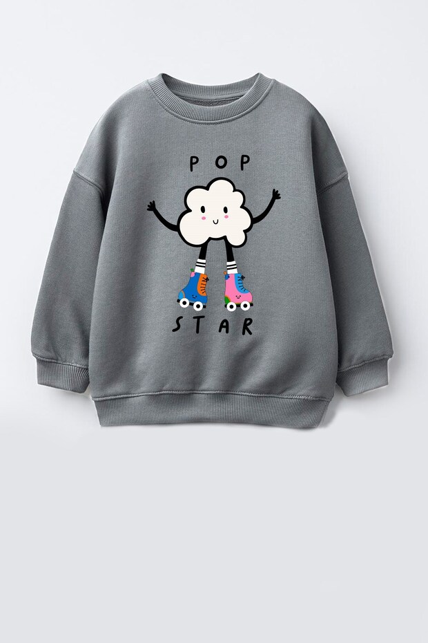 Girl's 3 Thread Fabric Cotton Popcorn Printed Sweatshirt
