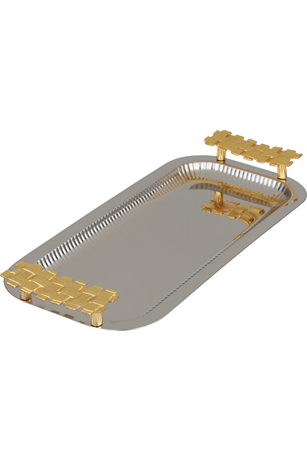 Al Saif Gallery Stainless Steel Serving Tra, Gold Handle, 38X16X4 Cm - Silver