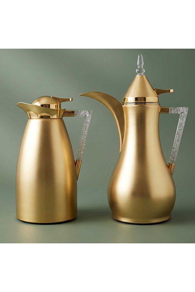 Al Saif Gallery Maha thermos set, two pieces, 1 liter, thermal glass inner shell, steel outer shell - gold