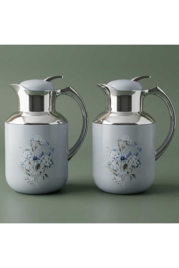 Al Saif Gallery Florya Pro thermos set, 1/0.5 liter, rose pattern, thermal glass inner shell, steel outer shell - light gray