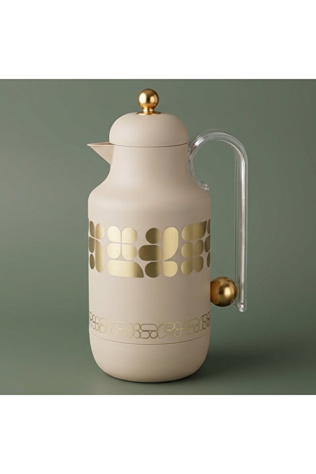 Al Saif Gallery Kkozami Thermos, 1 Liter, Glass Interior, Transparent Handle, Push-Button Lid - Beige Gold