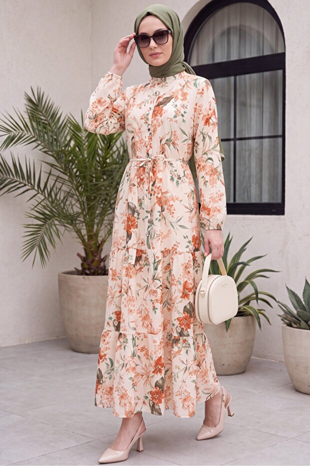 Hakim Collar Half Buttoned Mixed Patterned Polycotton Dress with Elastic Sleeves - Cream
