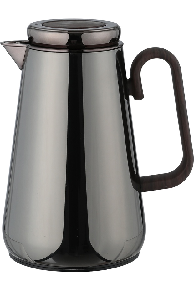Al Saif Gallery Stainless Steel Thermos, 0.7 Liter, Tempered Glass Interior, Push Button, Self-Service, Wooden Handle - Glossy Black