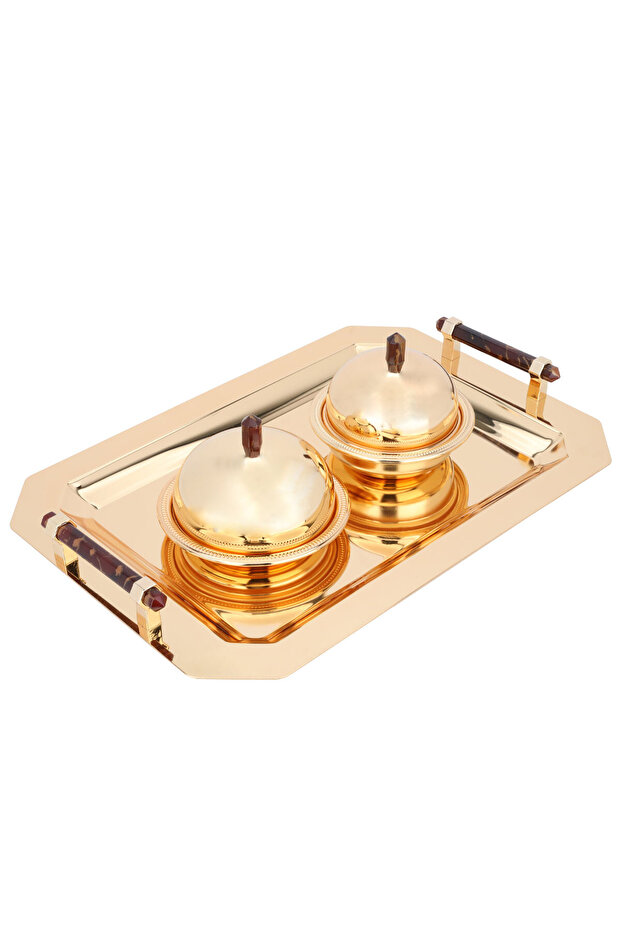 Alif Gallery Serving Trays Set With Dates, Steel, 3 Pieces - Gold