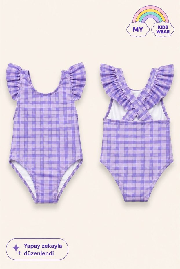 Girl's Ruffle Detailed Stylish Design Cross Strap Swimsuit 12736